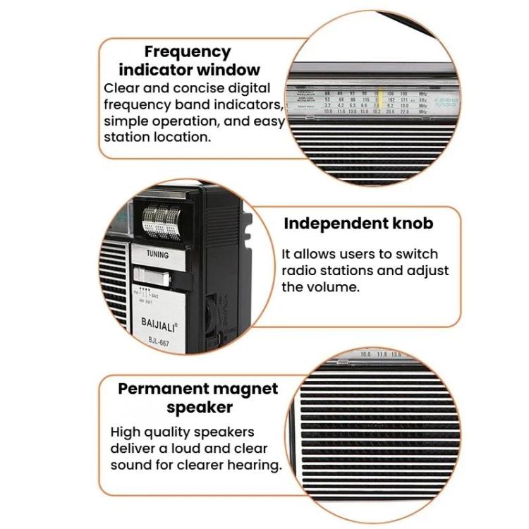 Radio portatile multibanda BAIJIALI BJL-667 FM AM SW con manopola indipendente, BAIJIALI BJL-667