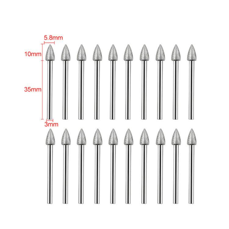 Testina di levigatura diamantata a punta 120 mesh, asta di levigatura fine diamantata, testine di levigatura per incisione su giada, 20pcs Pointed