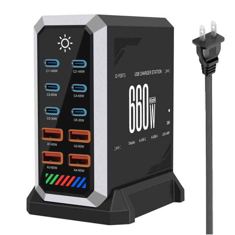 Caricabatterie da tavolo ad alta potenza da 660 W con 6 porte Type-C e 4 porte USB, in nitruro di gallio., US Plug, UK Plug, EU Plug, AU Plug
