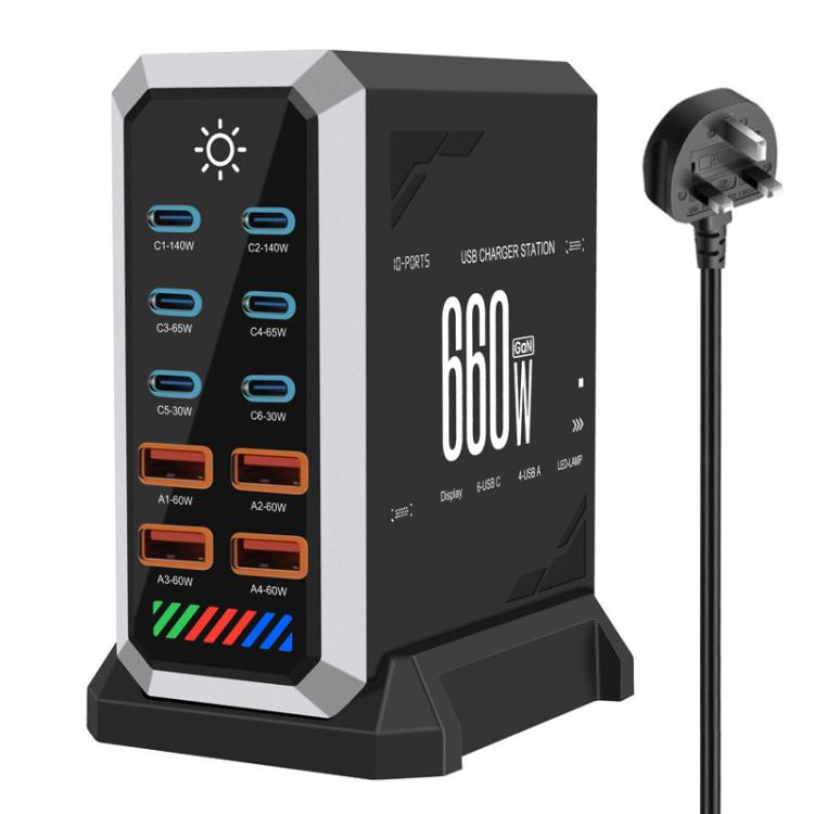 Caricabatterie da tavolo ad alta potenza da 660 W con 6 porte Type-C e 4 porte USB, in nitruro di gallio., US Plug, UK Plug, EU Plug, AU Plug
