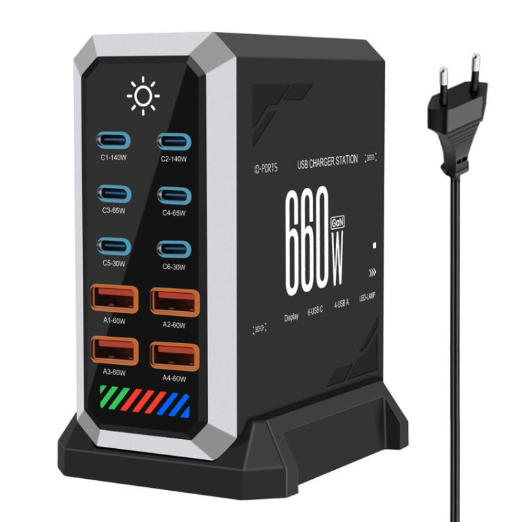 Caricabatterie da tavolo ad alta potenza da 660 W con 6 porte Type-C e 4 porte USB, in nitruro di gallio., US Plug, UK Plug, EU Plug, AU Plug