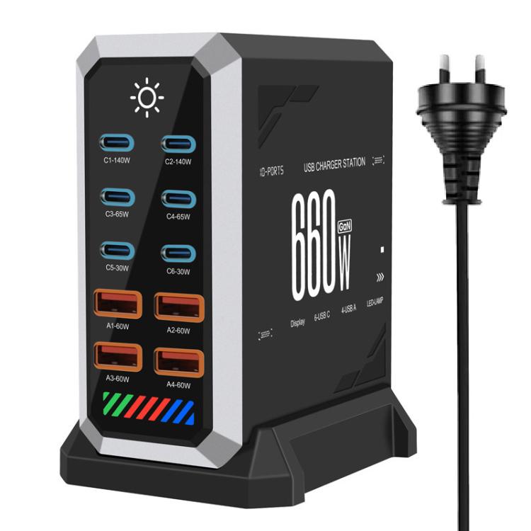 Caricabatterie da tavolo ad alta potenza da 660 W con 6 porte Type-C e 4 porte USB, in nitruro di gallio., US Plug, UK Plug, EU Plug, AU Plug
