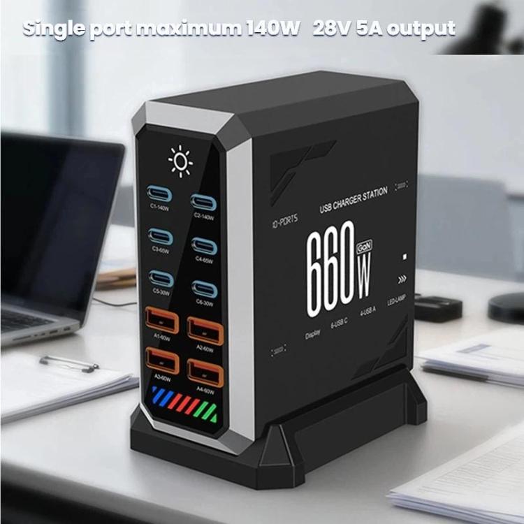 Caricabatterie da tavolo ad alta potenza da 660 W con 6 porte Type-C e 4 porte USB, in nitruro di gallio., US Plug, UK Plug, EU Plug, AU Plug