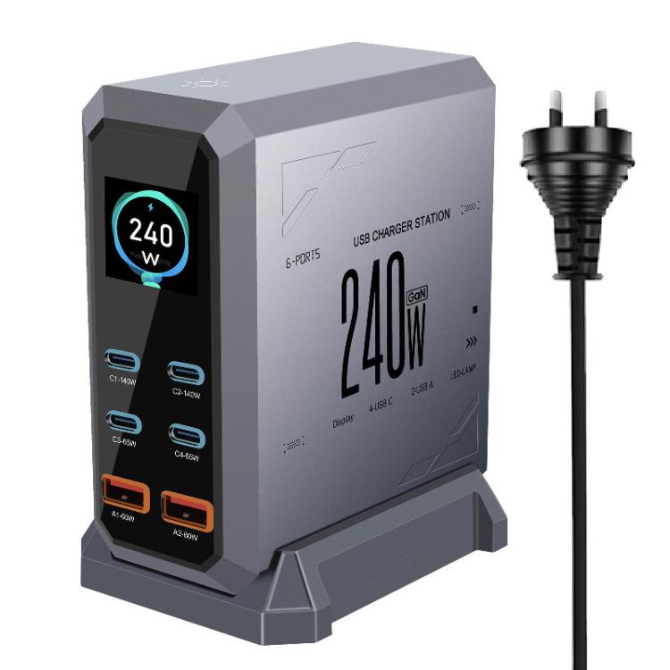 Caricabatterie da 240 W con display dinamico e finitura in nitruro di gallio, dotato di 4 porte Type-C e 2 porte USB., AU Plug, US Plug, EU Plug, UK Plug