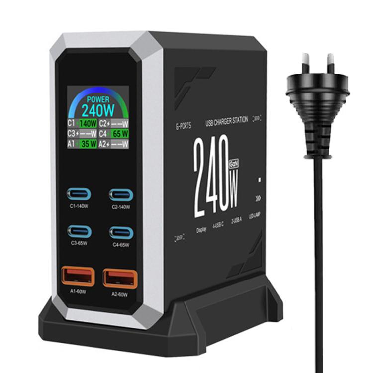 Caricabatterie da 240 W con display dinamico e finitura in nitruro di gallio, dotato di 4 porte Type-C e 2 porte USB., AU Plug, US Plug, EU Plug, UK Plug