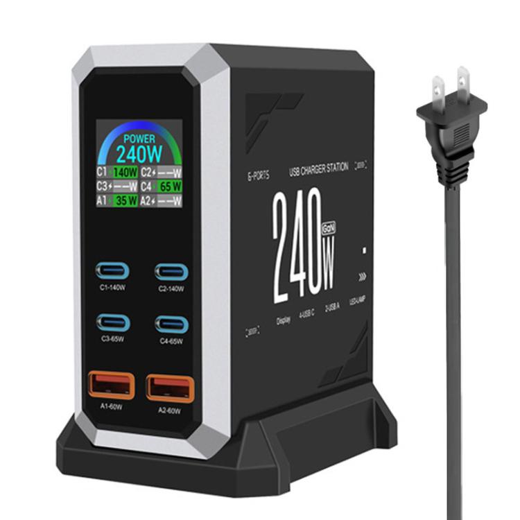 Caricabatterie da 240 W con display dinamico e finitura in nitruro di gallio, dotato di 4 porte Type-C e 2 porte USB., AU Plug, US Plug, EU Plug, UK Plug