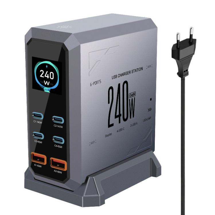 Caricabatterie da 240 W con display dinamico e finitura in nitruro di gallio, dotato di 4 porte Type-C e 2 porte USB., AU Plug, US Plug, EU Plug, UK Plug
