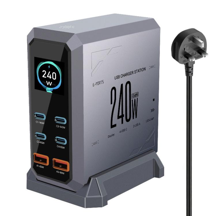Caricabatterie da 240 W con display dinamico e finitura in nitruro di gallio, dotato di 4 porte Type-C e 2 porte USB., AU Plug, US Plug, EU Plug, UK Plug