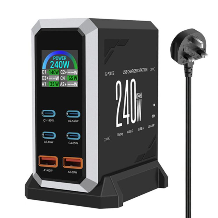 Caricabatterie da 240 W con display dinamico e finitura in nitruro di gallio, dotato di 4 porte Type-C e 2 porte USB., AU Plug, US Plug, EU Plug, UK Plug