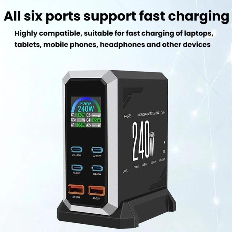 Caricabatterie da 240 W con display dinamico e finitura in nitruro di gallio, dotato di 4 porte Type-C e 2 porte USB., AU Plug, US Plug, EU Plug, UK Plug