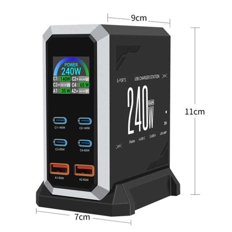 Caricabatterie da 240 W con display dinamico e finitura in nitruro di gallio, dotato di 4 porte Type-C e 2 porte USB., AU Plug, US Plug, EU Plug, UK Plug