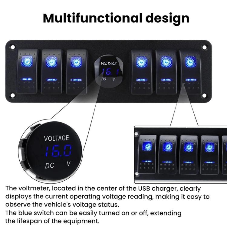 Pannello interruttori impermeabile per veicoli e navi con display digitale della tensione, Blue