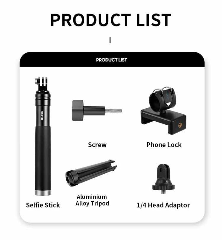 Telesin - Asta per selfie da 0,9 m, monopiede e treppiede compatibile con action camera e smartphone., Aluminum Alloy Tripod, Plastic Tripod