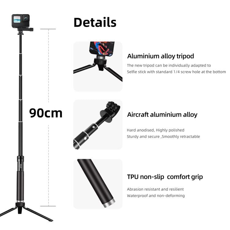 Telesin - Asta per selfie da 0,9 m, monopiede e treppiede compatibile con action camera e smartphone., Aluminum Alloy Tripod, Plastic Tripod