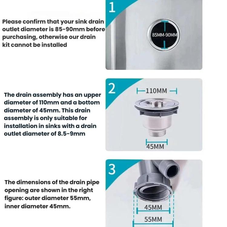 Set di raccordi per tubo di scarico antiodore per lavabo da cucina in acciaio inox, Double Slot 0.6m Tailpipe, Double Slot S-bend, Double Slot 1m Tailpipe