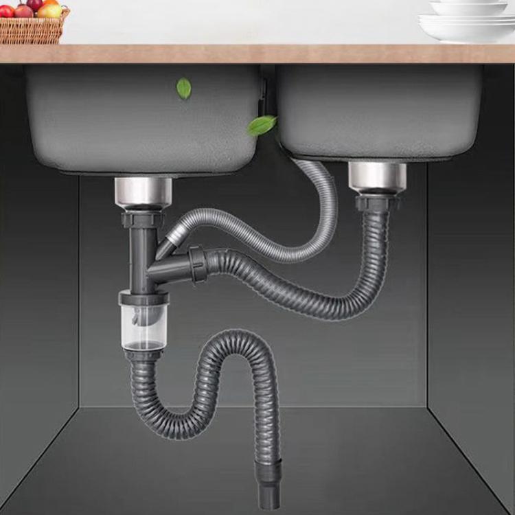 Set di raccordi per tubo di scarico antiodore per lavabo da cucina in acciaio inox, Double Slot 0.6m Tailpipe, Double Slot S-bend, Double Slot 1m Tailpipe