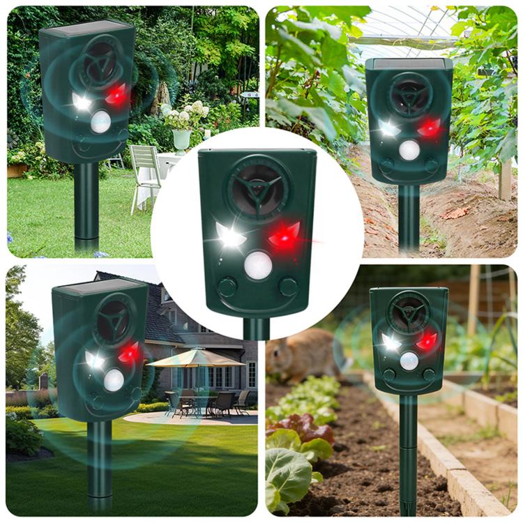 Dispositivo repellente per animali da esterno a ultrasuoni, alimentato a energia solare e con modulazione di frequenza a cinque livelli., 711