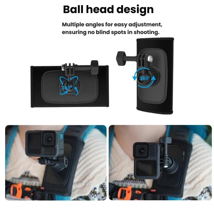 Supporto universale per tracolla per action camera con testa a sfera girevole a 360 gradi per riprese POV a mani libere.