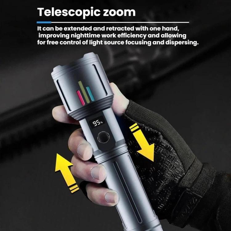 Torcia ricaricabile zoomabile ad alta potenza, portatile, in lega di alluminio, con luce intensa.