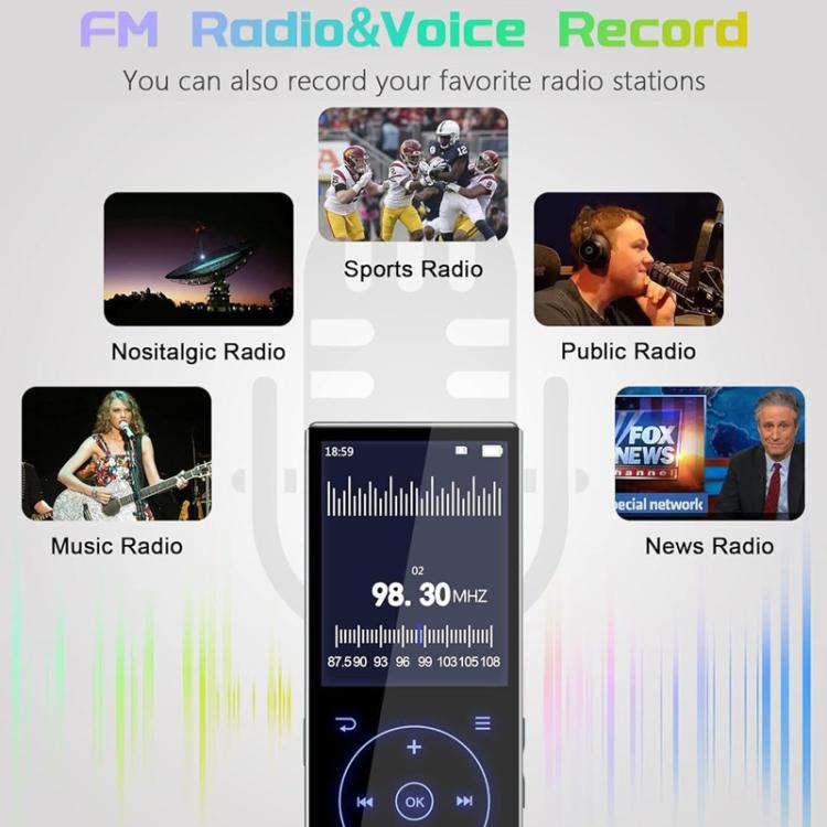 Lettore musicale MP3 con schermo a colori da 2,4 pollici e altoparlante Bluetooth 5.0., 4GB, 8GB, 16GB, 32GB, 64GB