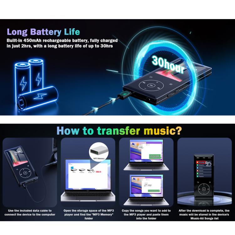 Lettore musicale MP3 con schermo a colori da 2,4 pollici e altoparlante Bluetooth 5.0., 4GB, 8GB, 16GB, 32GB, 64GB