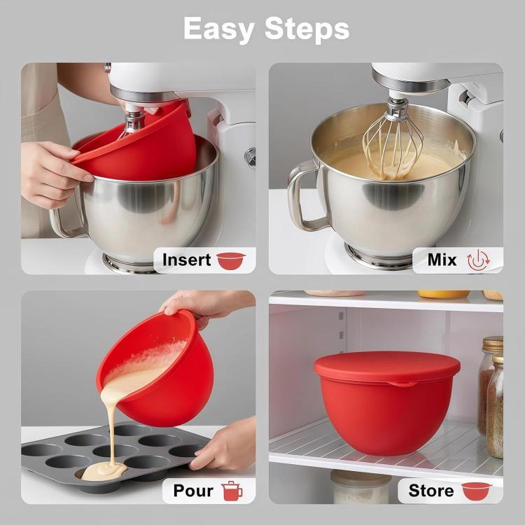 Rivestimento in silicone con coperchio per ciotola di ricambio in acciaio inox da 5 quarti per robot da cucina KitchenAid con testa inclinabile.