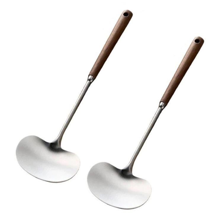 Set di 2 cucchiai e mestoli da wok con manico lungo in legno massello, ideali per la cucina domestica., Large, Small