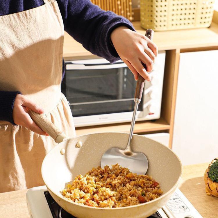 Set di 2 cucchiai e mestoli da wok con manico lungo in legno massello, ideali per la cucina domestica., Large, Small