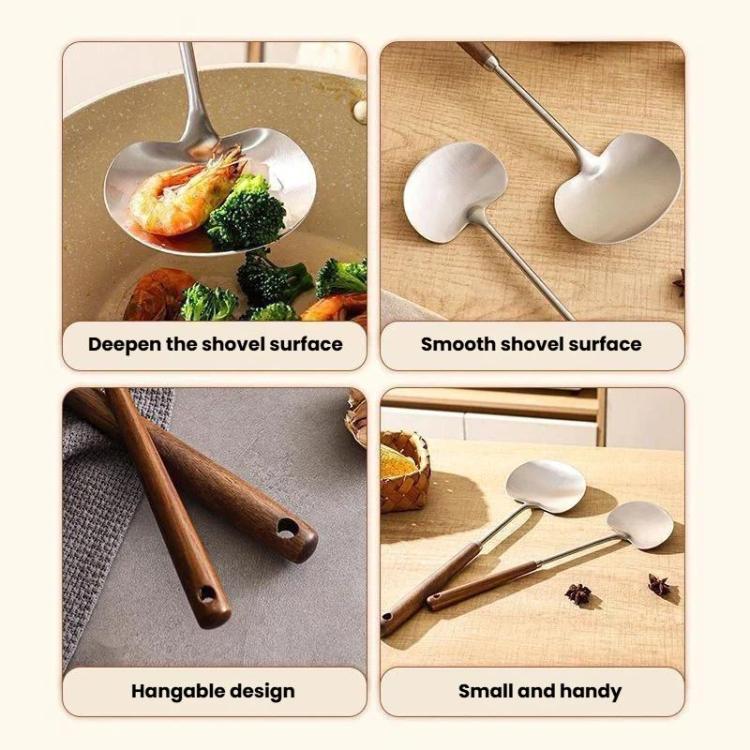 Set di 2 cucchiai e mestoli da wok con manico lungo in legno massello, ideali per la cucina domestica., Large, Small