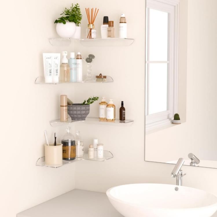 Mensola angolare a parete in acrilico per bagno, cucina e ufficio., Single, Double