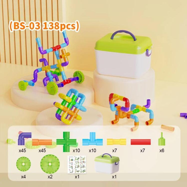 Set di costruzioni per bambini con blocchi di grandi dimensioni, tubi da assemblare e contenitore portaoggetti., 138pcs /Set, 178pcs /Set, 222pcs /Set