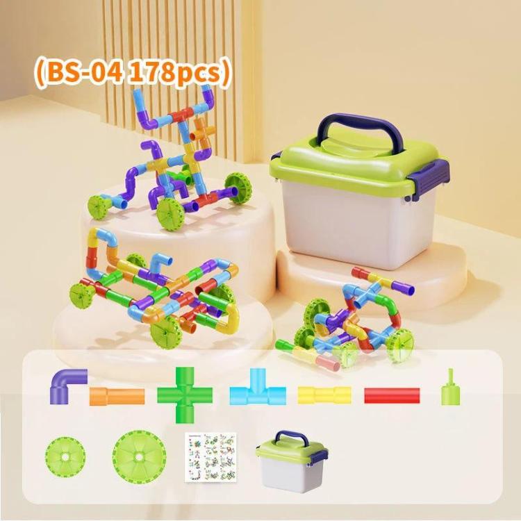 Set di costruzioni per bambini con blocchi di grandi dimensioni, tubi da assemblare e contenitore portaoggetti., 138pcs /Set, 178pcs /Set, 222pcs /Set