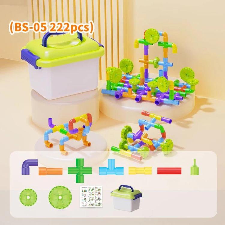 Set di costruzioni per bambini con blocchi di grandi dimensioni, tubi da assemblare e contenitore portaoggetti., 138pcs /Set, 178pcs /Set, 222pcs /Set