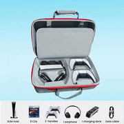 Custodia per console PS5 Slim e accessori con scomparto per cuffie e doppio strato portaoggetti.