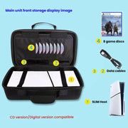 Custodia per console PS5 Slim e accessori con scomparto per cuffie e doppio strato portaoggetti.