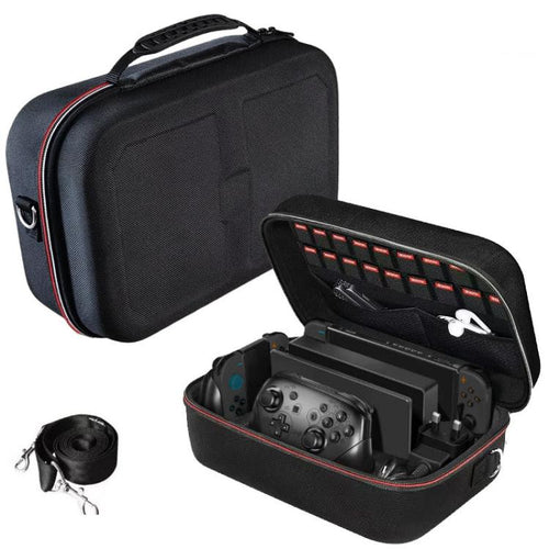 Custodia rigida per Switch 2 con scomparto interno rimovibile per la console e set completo di accessori.