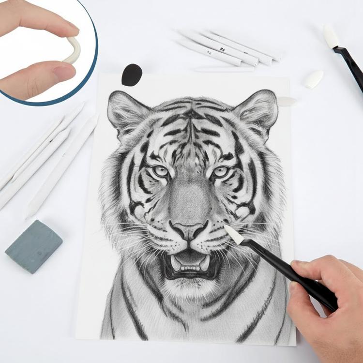 Set da disegno 48 in 1 con 20 sfumini, raschietti per cancellare, gomma malleabile e carta vetrata per artisti e principianti.
