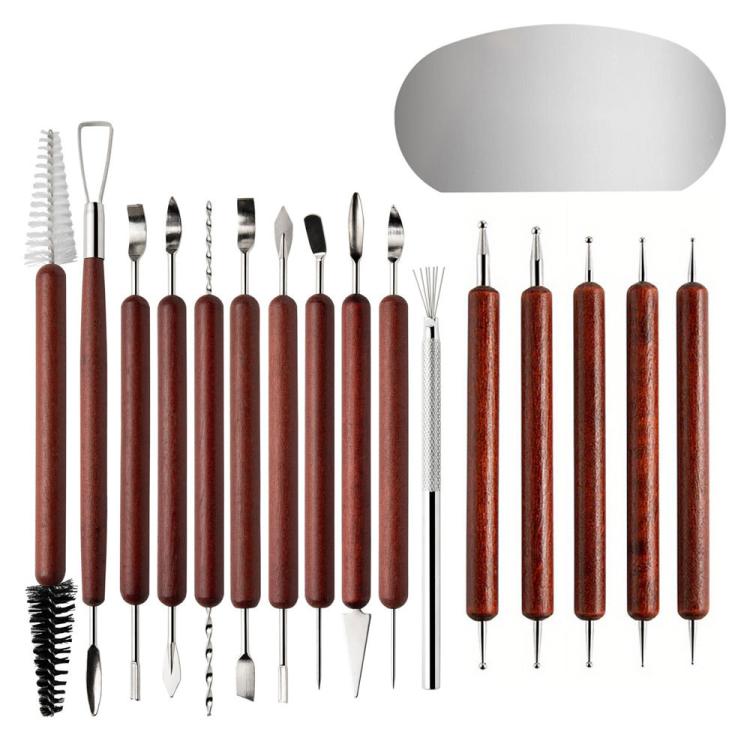 Set di utensili per la lavorazione dell'argilla: coltelli da scultura in acciaio inossidabile con manici in palissandro per argilla polimerica, ceramica, modellismo e lavori fai da te., 17 In 1