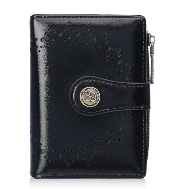 Portafoglio corto da donna Baellerry N8358 in pelle cerata con motivo traforato, porta carte multiuso e tasca portamonete con cerniera.