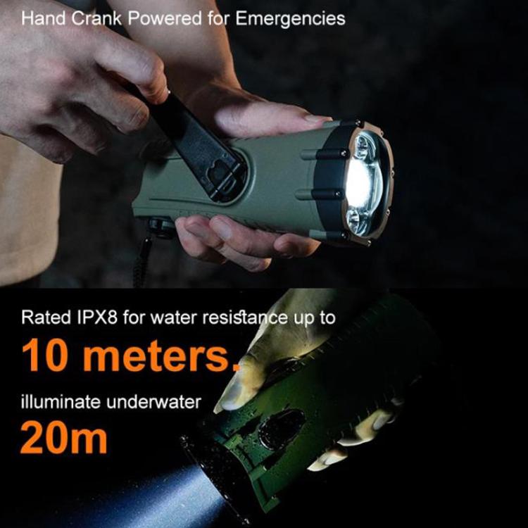 SB-3046C Torcia di emergenza a LED con allarme, impermeabile, ricaricabile a manovella, per esterni.