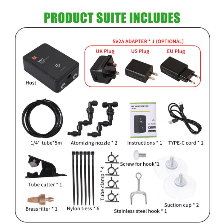 Sistema di nebulizzazione WiFi per terrari a tema foresta pluviale con timer intelligente e controllo tramite app Tuya, kit di nebulizzazione a bassa rumorosità., EU Plug, US Plug, UK Plug