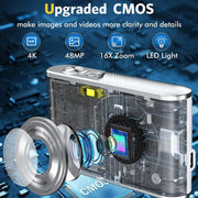 Fotocamera digitale HD 4K a doppia lente per selfie, portatile con sensore CCD a scheda, ideale per studenti., Black, White, Black+32G Memory Card, White+32G Memory Card