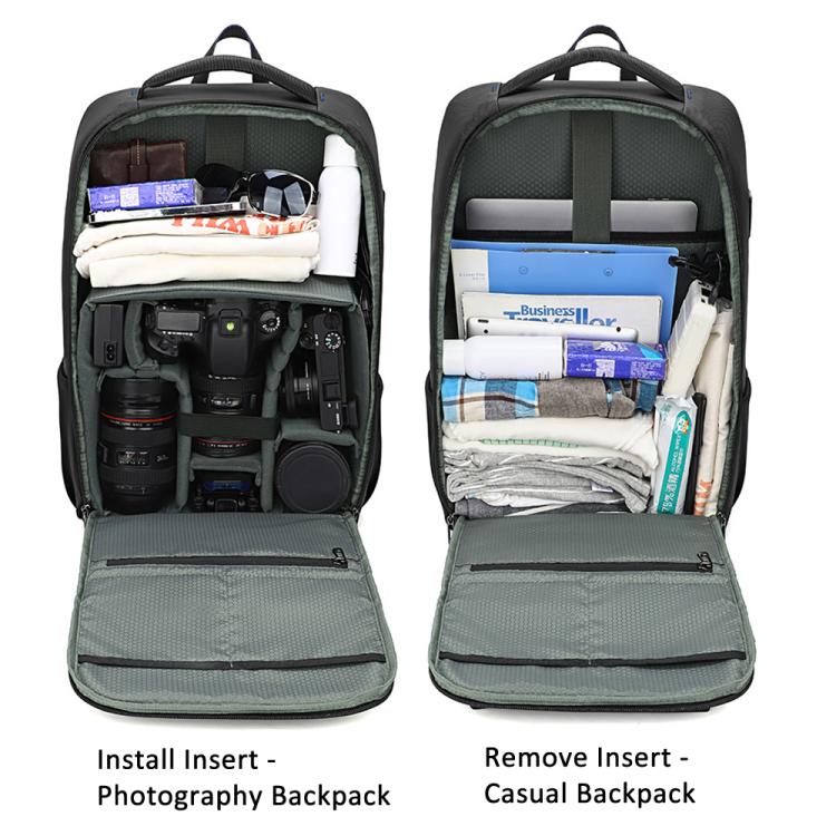 Zaino fotografico QISEMIAN con inserto rimovibile, zona di separazione asciutto/bagnato, divisori personalizzabili per fotocamere e laptop da 16 pollici.