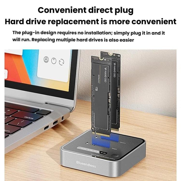 Blueendless SD08 Dual-Bay NVMe SSD Enclosure M.2 Offline Cloning Device 20Gbps High-Speed Solid-State Drive Case, US Plug, EU Plug, UK Plug
