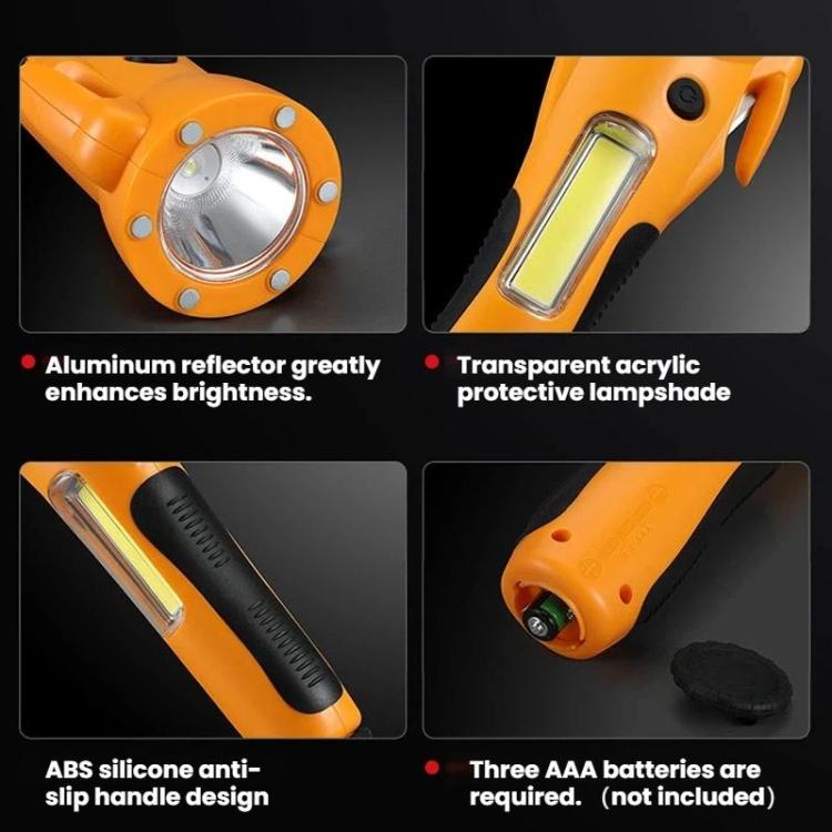 Faro da lavoro multifunzionale di emergenza ad alta intensità con LED COB magnetici e martello di sicurezza per auto.
