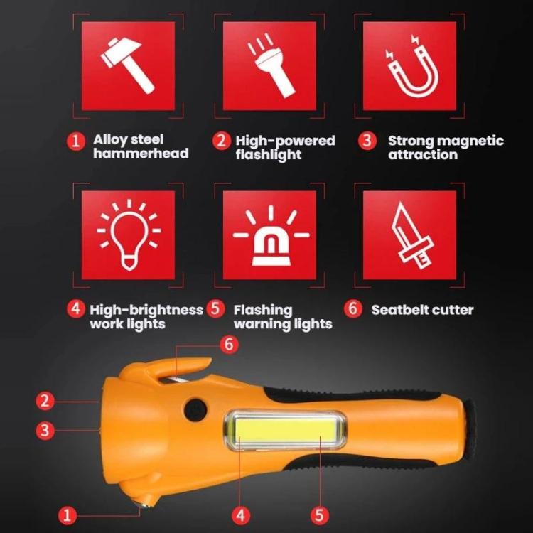 Faro da lavoro multifunzionale di emergenza ad alta intensità con LED COB magnetici e martello di sicurezza per auto.