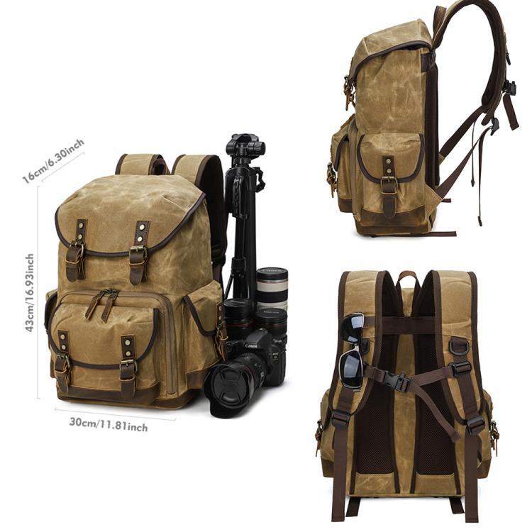 Zaino fotografico retrò in tela cerata con doppia tracolla per fotocamera mirrorless e laptop.