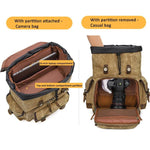 Zaino fotografico retrò in tela cerata con doppia tracolla per fotocamera mirrorless e laptop.