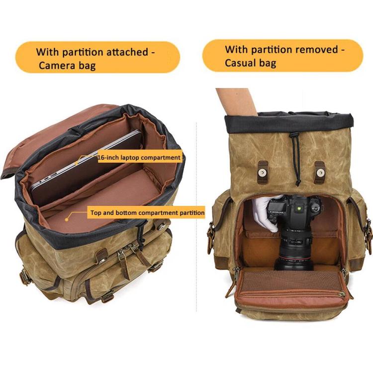 Zaino fotografico retrò in tela cerata con doppia tracolla per fotocamera mirrorless e laptop.