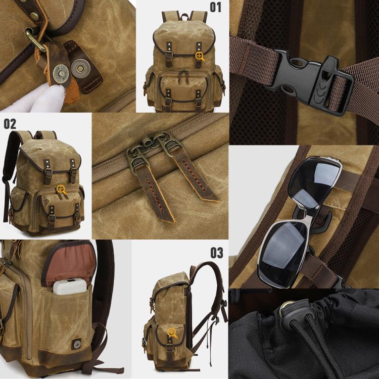 Zaino fotografico retrò in tela cerata con doppia tracolla per fotocamera mirrorless e laptop.